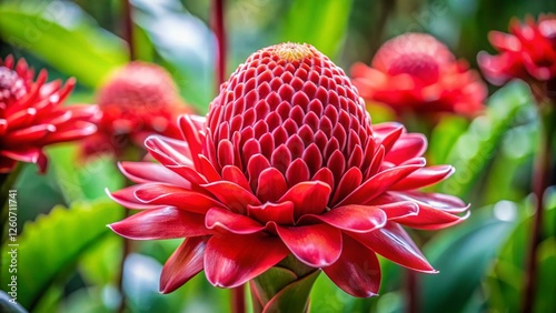 Vibrant Torch Ginger Flower with Bokeh Background - Etlingera elatior photo
