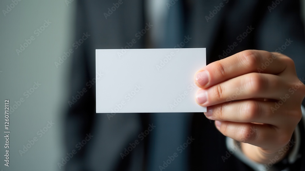 Business card in hand mockup with a person in a suit holding a blank card. Business card in hand mockup with a person in a suit holding a blank card.