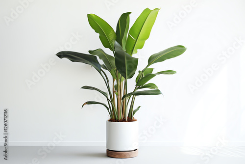 Produce a high-angle shot of a potted banana plant, tailored for small rooms, emphasizing its elegance and suitability for compact living, against a simple, clean white setting photo