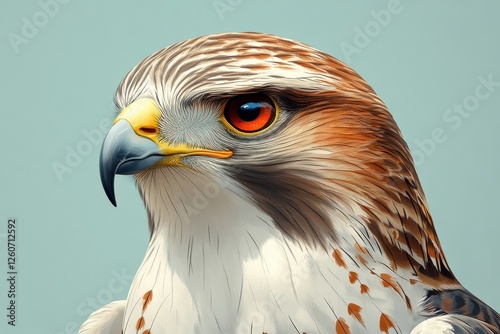 Close-up portrait of a majestic hawk showcasing its striking features, with vivid coloration and detailed plumage against a soft contrasting background.