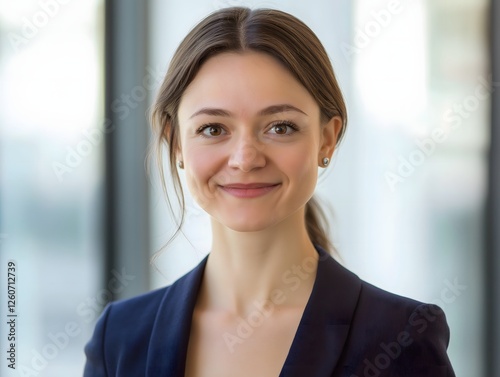 Confident young professional woman in blazer smiling in bright office