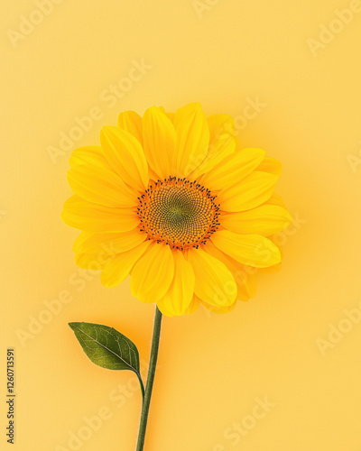 Bright sunflower with green leaf on soft yellow background