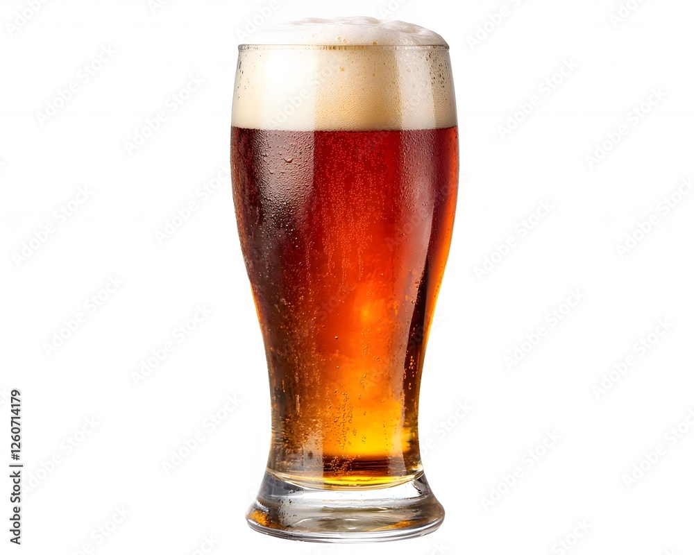 Refreshing Cold Beer in Glass, Frothy Head, Amber Ale Refreshing Cold Beer in Glass, Frothy Head, Amber Ale