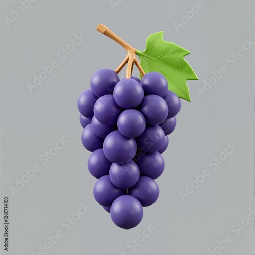 A computer graphic of purple grapes with leaves on grey background.