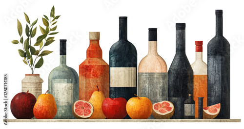 Table set with olive branches and citrus fruits, fruit olive oil wine, healthy food, elegant natural organic fresco style, bottles