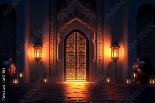 Intricate Arabic Doorway Night Scene Golden Lanterns 3d art dark warm gate islam light