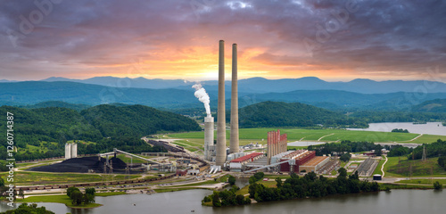 Thermal power plant burning coal fossil fuel for production of electrical energy. Kingston power station in Roane County, Tennessee photo
