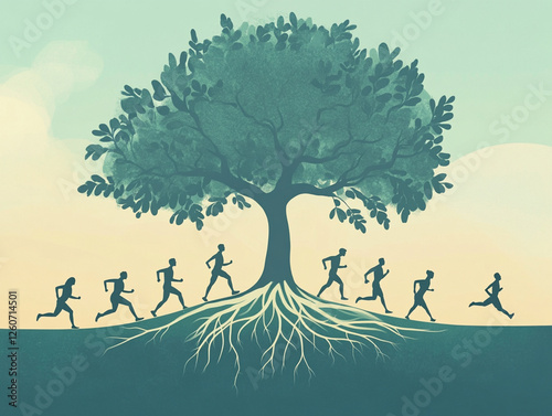 Runners are depicted in silhouette, moving energetically beneath a large tree, symbolizing vitality and the connection to nature