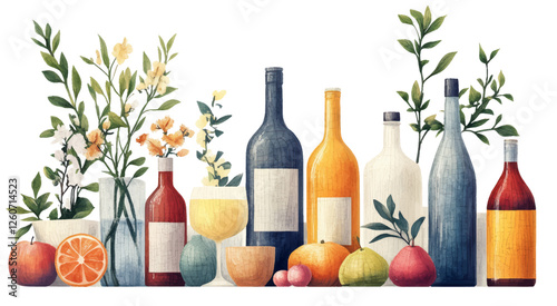 Table set with olive branches and citrus fruits, fruit olive oil wine, healthy food, elegant natural organic fresco style