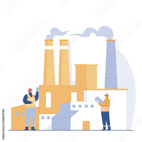 Celebrating Labor Day. Factory Workers and Chimneys vector design effort graphic  