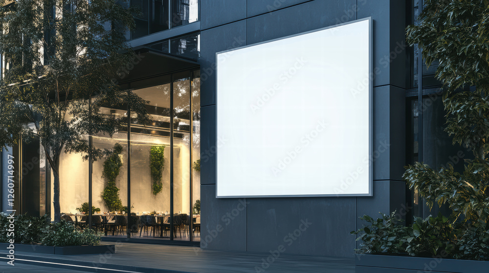 blank white poster mockup displayed on modern building exterior, showcasing sleek design. surrounding area features greenery and contemporary restaurant ambiance blank white poster mockup displayed on modern building exterior, showcasing sleek design. surrounding area features greenery and contemporary restaurant ambiance