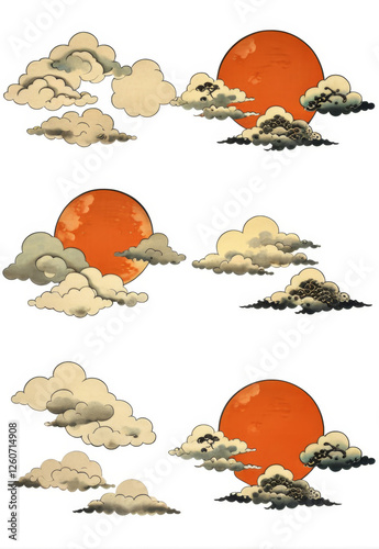 Ukiyo-e Auspicious Clouds Full Moon hand-drawn cut-free cartoon material