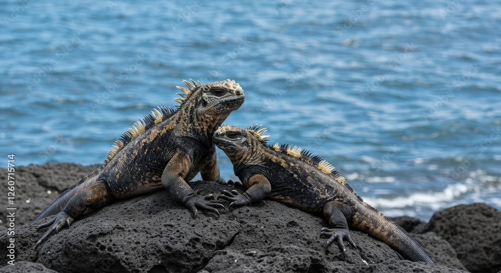 Marine Iguanas Basking on Volcanic Rock by the Ocean Marine Iguanas Basking on Volcanic Rock by the Ocean