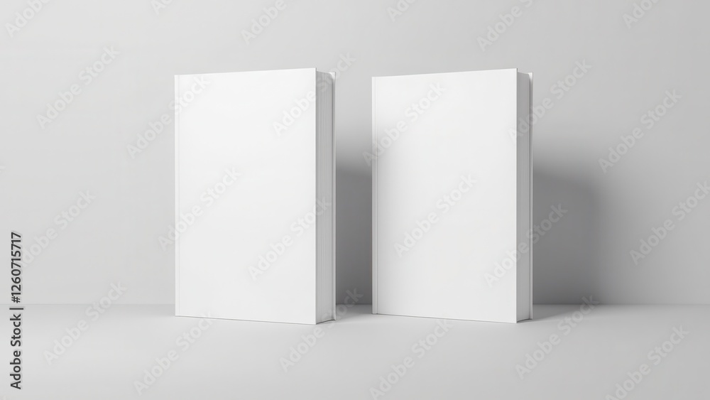 Front and back book cover mockup with two blank white books standing upright against a plain background. Front and back book cover mockup with two blank white books standing upright against a plain background.