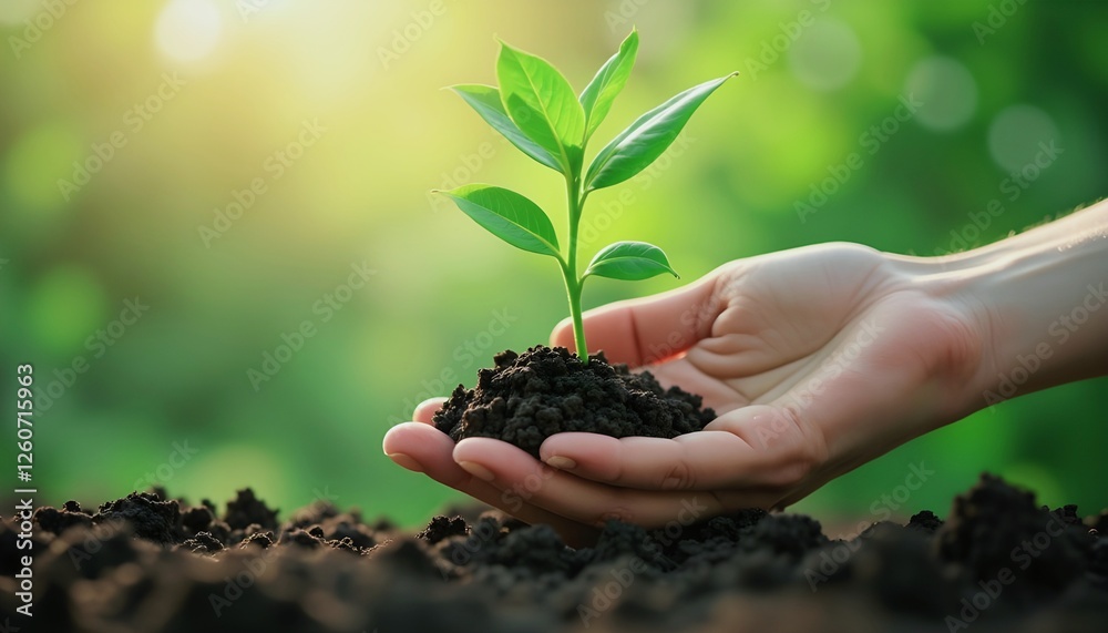 Hand holding and caring green plant over lighting background Hand holding and caring green plant over lighting background