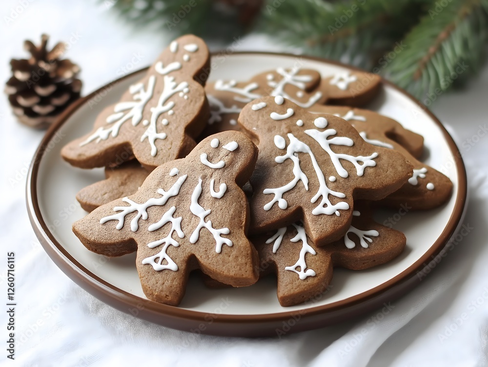 Festive gingerbread men cookies with white icing on a plate Festive gingerbread men cookies with white icing on a plate