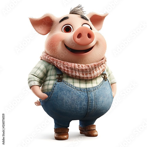 Happy pig farmer, smiling, white background, farm illustration photo