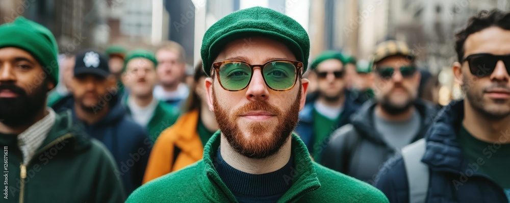 St. Patrick's Day parade concept. A group of men wearing green attire and accessories, gathered together in a city setting, celebrating a festive occasion. St. Patrick's Day parade concept. A group of men wearing green attire and accessories, gathered together in a city setting, celebrating a festive occasion.