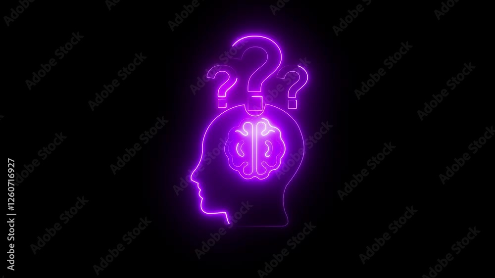Glowing neon line Human head brain with question mark icon isolated on black background. 4K Video motion graphic animation .Neon animated Quiz Digital Quiz icon .the head video icon lime and color. Glowing neon line Human head brain with question mark icon isolated on black background. 4K Video motion graphic animation .Neon animated Quiz Digital Quiz icon .the head video icon lime and color.