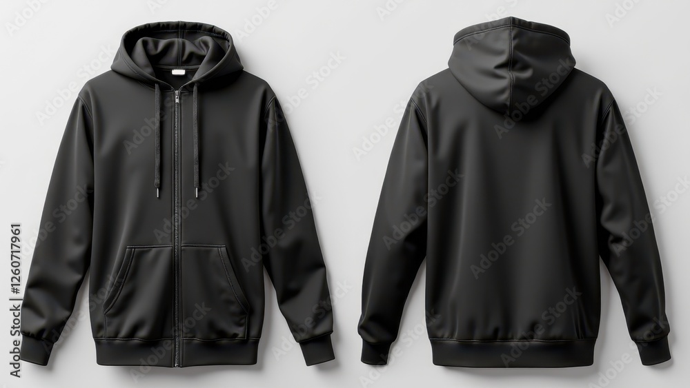 Full zip up hoodie mockup front and back view in black color.