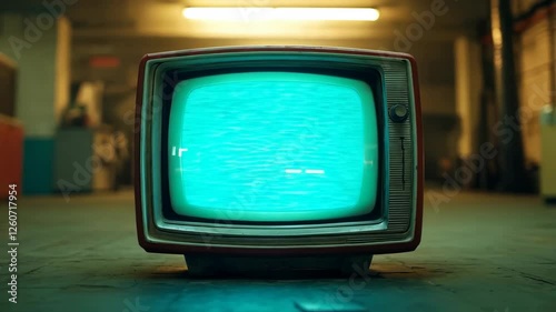 Vintage television set with blank screen glowing green, nostalgic retro decor in an industrial environment