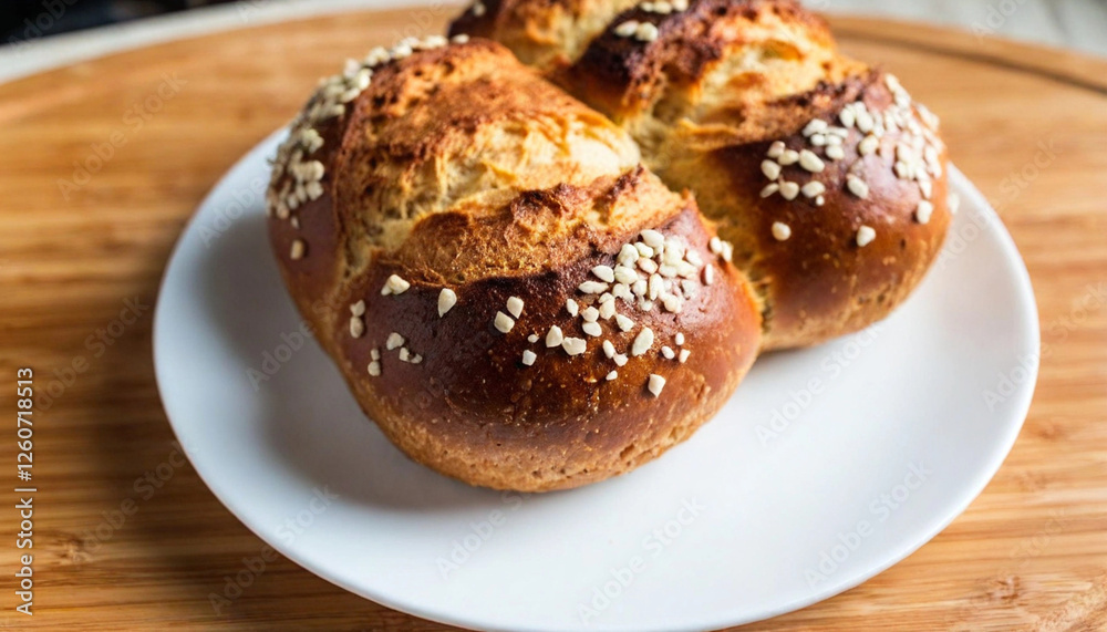 Naples' traditional savory brioche, Danubio Salato, perfectly circular and served on a white plate. Naples' traditional savory brioche, Danubio Salato, perfectly circular and served on a white plate.