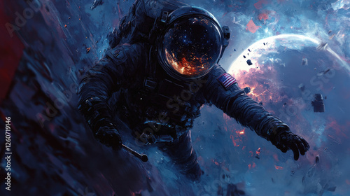 Astronaut Floating in Deep Space Near a Broken Spacecraft
