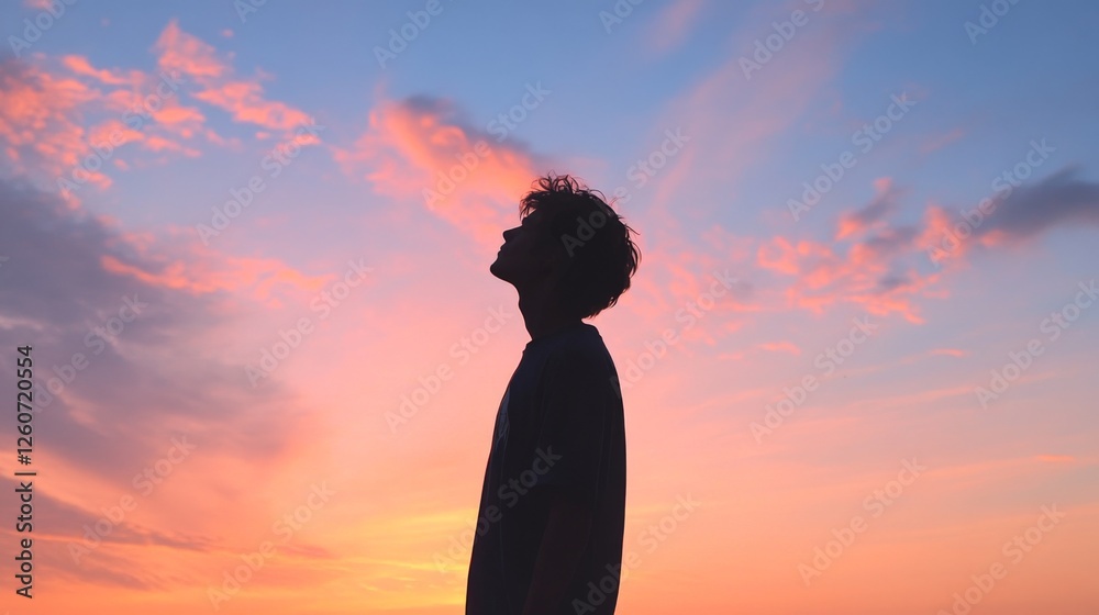 Silhouette of person gazing at sunset sky Silhouette of person gazing at sunset sky