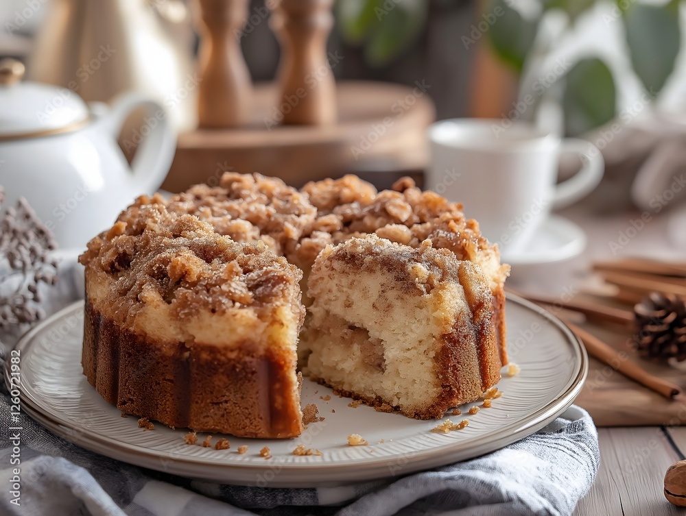 Delicious crumb cake slice on plate with coffee for breakfast treat Delicious crumb cake slice on plate with coffee for breakfast treat