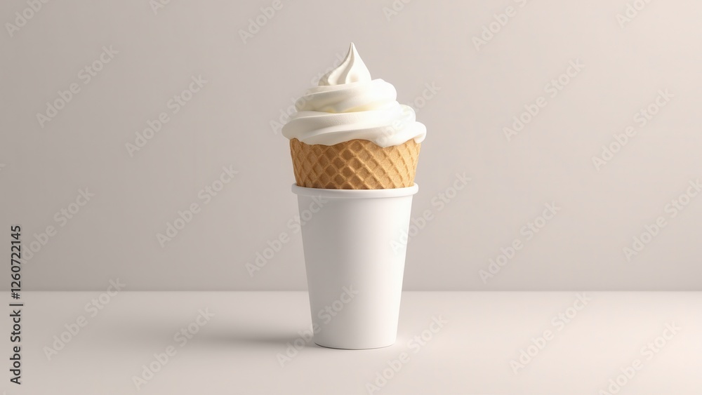 Ice cream cone wrapper mockup featuring a waffle cone with soft serve ice cream placed in a white paper cup.