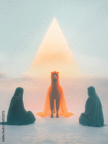 Surreal Camel Ritual: A mystical scene with two figures kneeling in prayer, a camel adorned in a flowing orange garment, a bright triangular beam of light above. photo