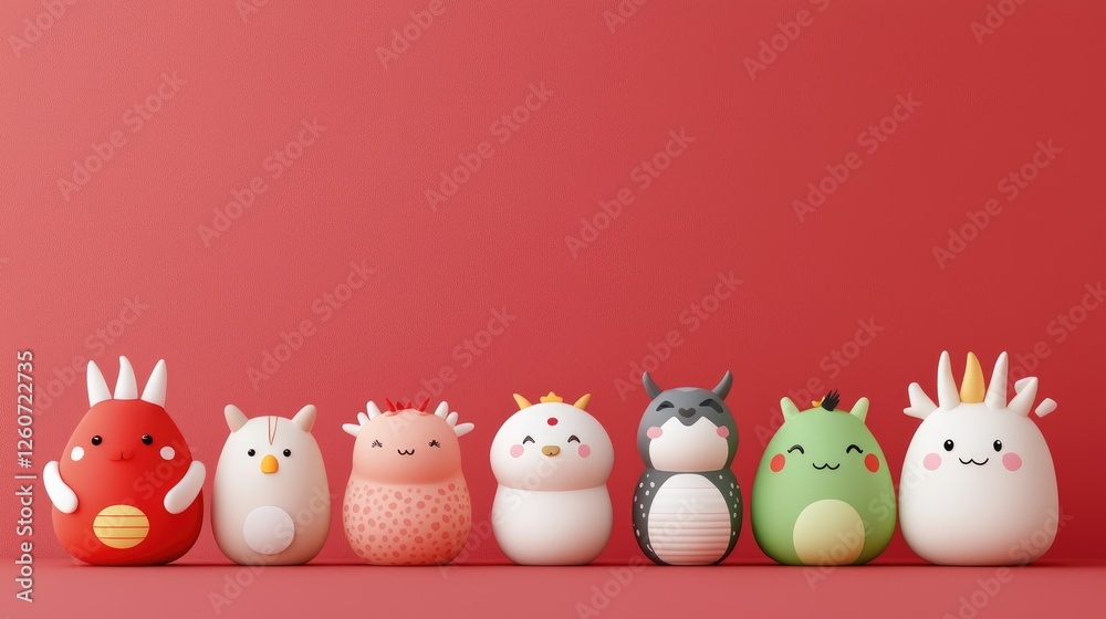 Colorful Cute Characters Lineup on a Bright Red Background Colorful Cute Characters Lineup on a Bright Red Background