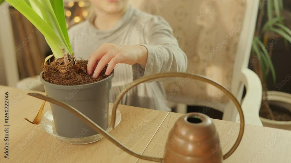 cute 5-year-old girl, Little gardener watering amaryllis houseplant, learning to care for indoor flowers with joy and curiosity, happy childhood, Child Nutrition, natural background