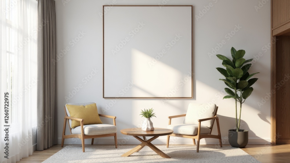 Living room mockup for art with two wooden armchairs, a round coffee table, and a large blank frame on the wall. Living room mockup for art with two wooden armchairs, a round coffee table, and a large blank frame on the wall.