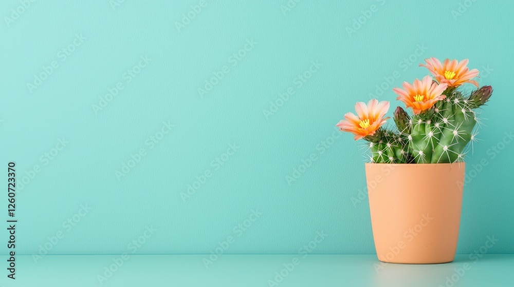 Vibrant Cactus with Flowers in Pot Against Turquoise Background Vibrant Cactus with Flowers in Pot Against Turquoise Background