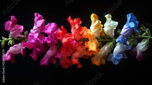 Vibrant rainbow snapdragons on black background, close up image, possible use for floral design, print photo