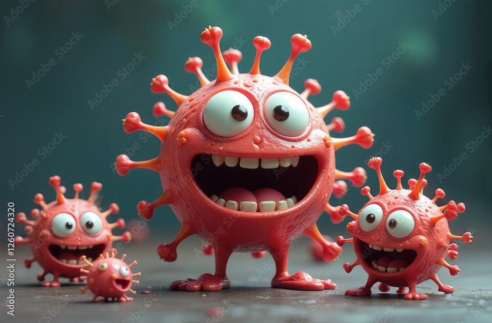 Fototapeta premium Cartoon bacteria, microbes and viruses on dark background. Pathogenic Microorganisms Characters