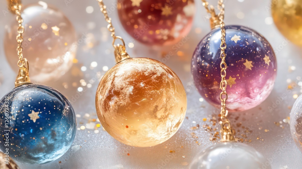 Colorful resin planet pendants on chains, close-up Colorful resin planet pendants on chains, close-up