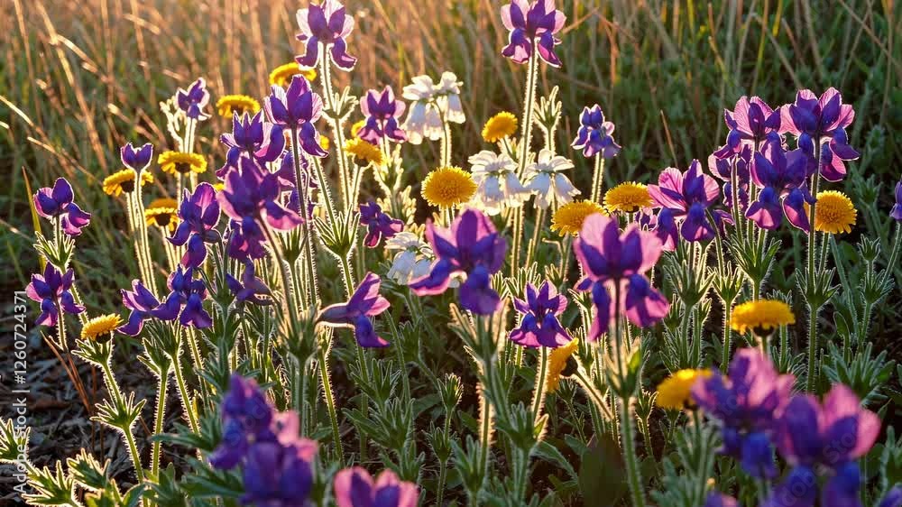 Close-up video of vibrant wildflowers at sunrise, capturing the warm glow and natural beauty from a low angle, emphasizing the delicate petals. Close-up video of vibrant wildflowers at sunrise, capturing the warm glow and natural beauty from a low angle, emphasizing the delicate petals.