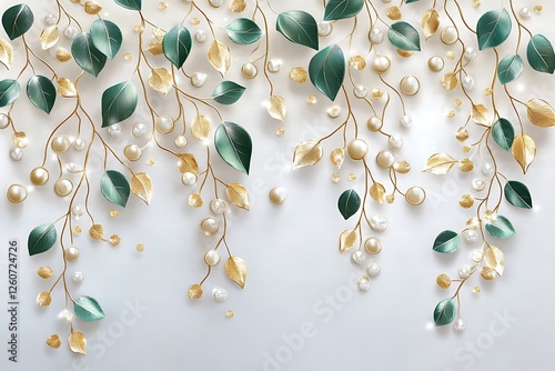 Fototapeta Naklejka Na Ścianę i Meble -  3d illustration Luxury 3d jewelry diamond flower swan white silk background wall Decors.a beautiful 3d wallpaper can be use in home wall decoration Gold Flowers Crystal with butterfly Wallpaper.