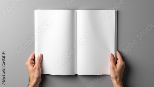 Newspaper full page ad mockup with blank pages held open by two hands.