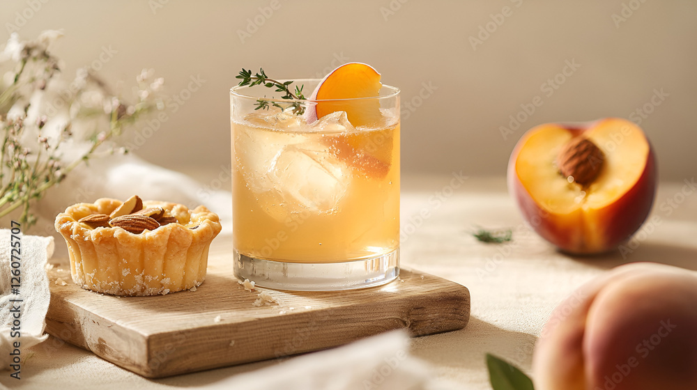 Fototapeta premium Refreshing peach cocktail with ice, thyme, and a slice of peach, accompanied by a delicious almond tart.