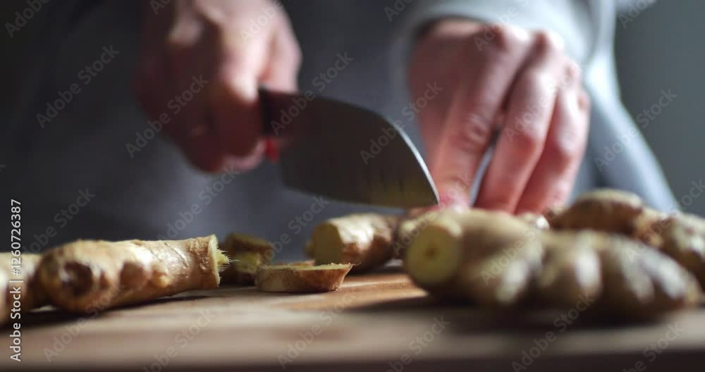 People Cut Ginger. Hands of Woman Cut Ginger on Wooden Board. Close Up. People Cut Ginger. Hands of Woman Cut Ginger on Wooden Board. Close Up.