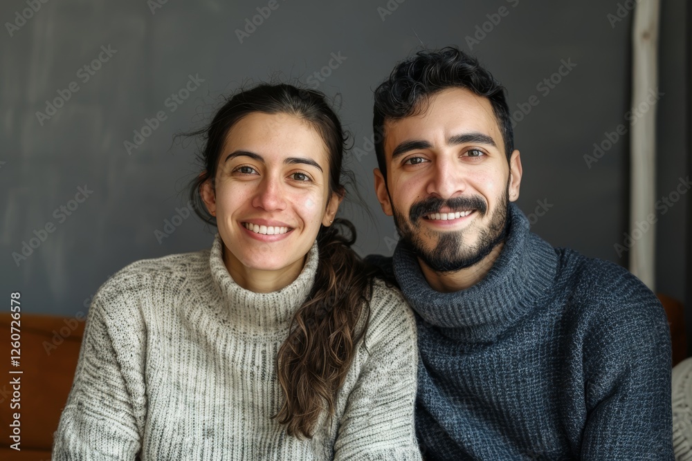 Portrait of a smiling multicultural couple in their 30s dressed in a warm wool sweater isolated in stylized simple home office background Portrait of a smiling multicultural couple in their 30s dressed in a warm wool sweater isolated in stylized simple home office background