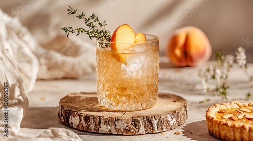 Peach cocktail with thyme on wooden coaster, with a peach and a tart on a bright surface.