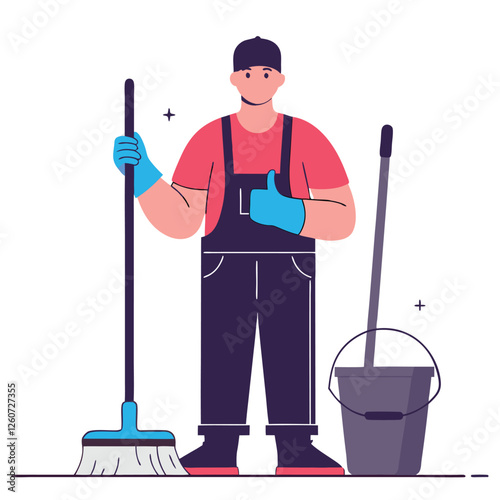 Happy Labor Day. Smiling Janitor with Mop and Bucket work smile vector worker   