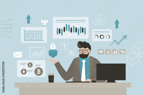 Financial literacy education and cryptocurrency trading, learning at trading school or academy. Business coach or teacher at workplace talking about crypto investment