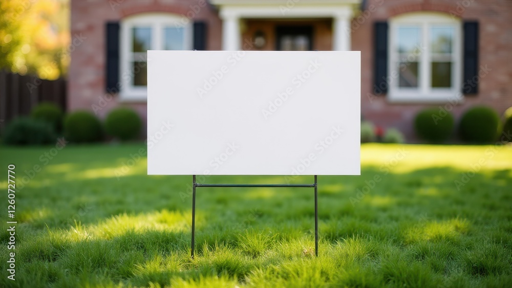 Real estate yard sign mockup in front of a house with a green lawn.