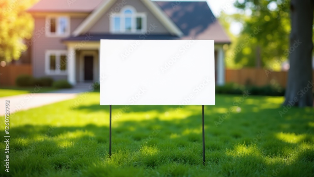 Real estate yard sign mockup in front of a house with a green lawn.
