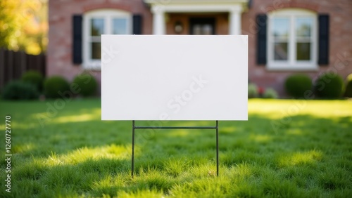 Obraz na płótnie Real estate yard sign mockup in front of a house with a green lawn. w salonie